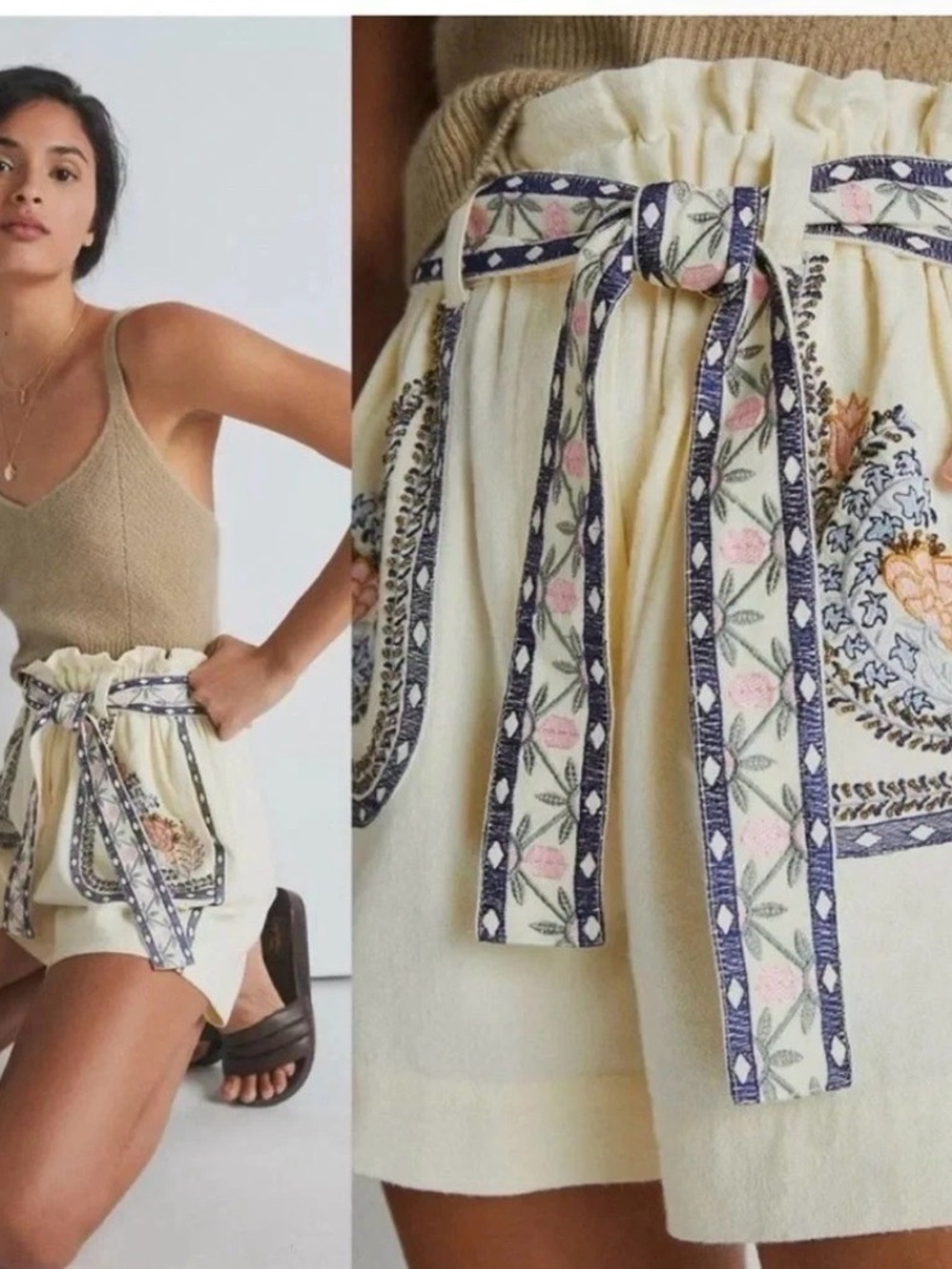 EUC Anthropologie Cream Paperbag Waist Printed Tie Women's Shorts - Picture 2 of 6